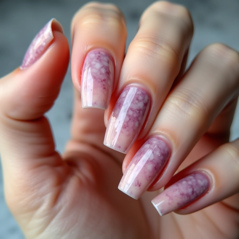 Unhas de gel com efeito marmorizado único.