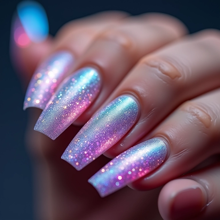 Unhas de gel com esmalte holográfico.