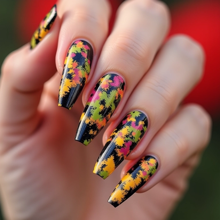 Unhas de gel com estampa de chita colorida, tecido típico brasileiro.