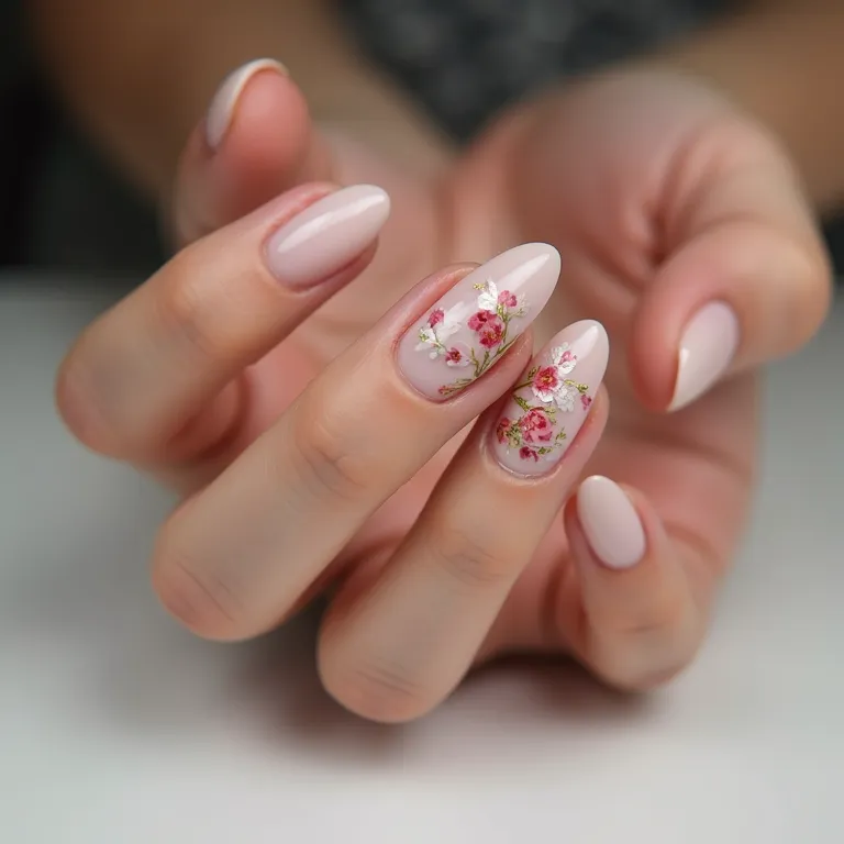 Unhas de gel com filha única decorada com adesivos.