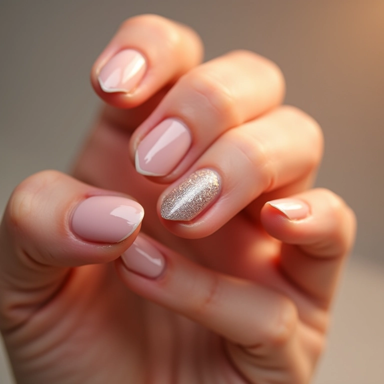 Unhas de gel com filha única e glitter discreto.