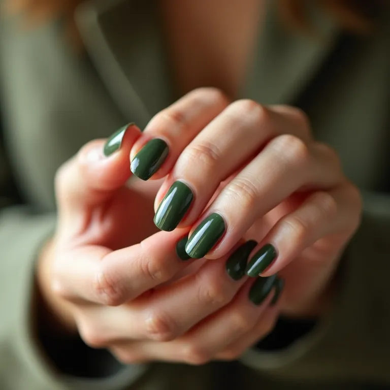 Unhas de gel com francesinha verde militar.