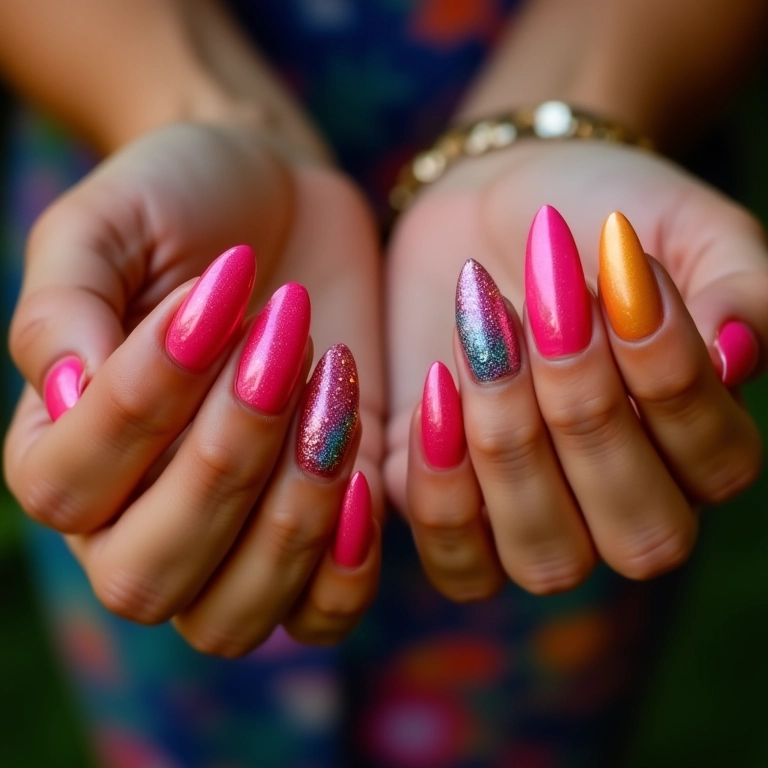 Unhas de gel com glitter brilhante em ambiente festivo.