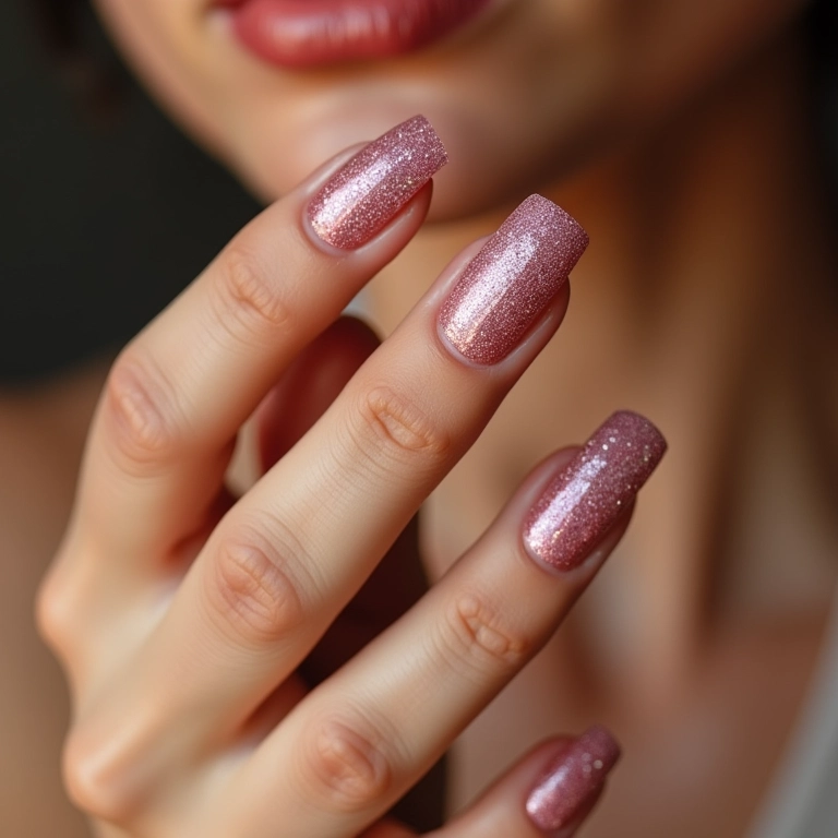 Unhas de gel com glitter em pó embutido para durabilidade.