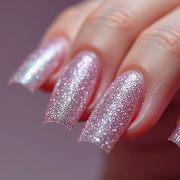 Unhas de gel com glitter encapsulado.