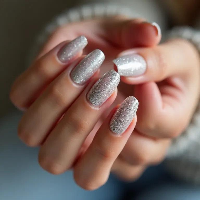 Unhas de gel com glitter prateado, brilho e glamour.