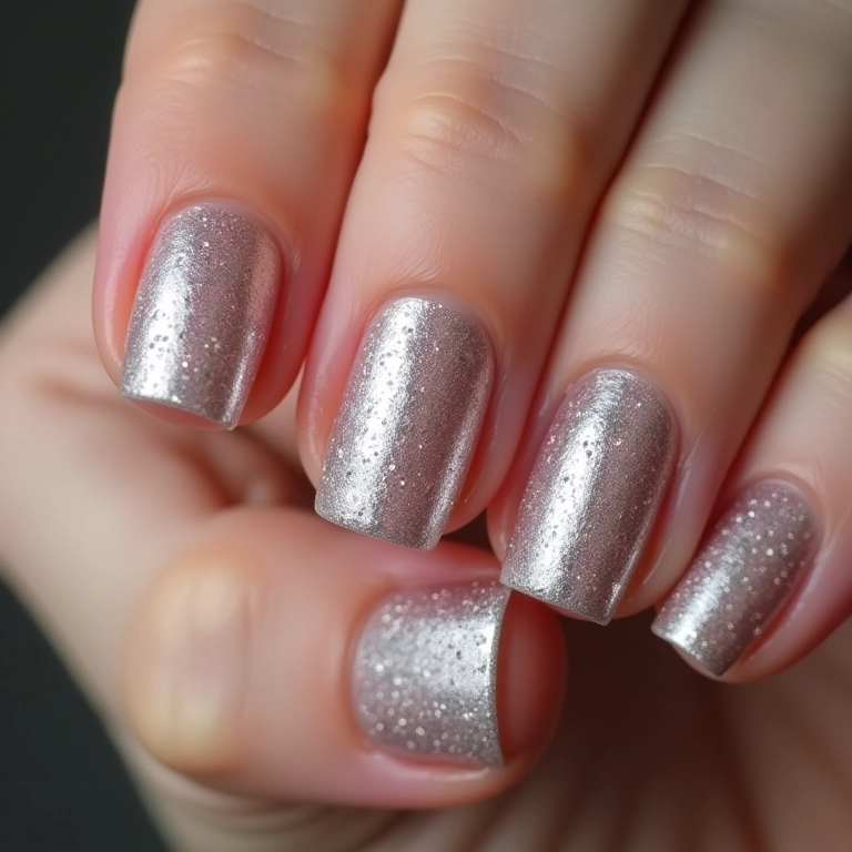 Unhas de gel com glitter prateado.