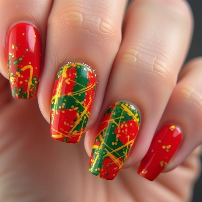 Unhas de gel com padrão xadrez junino em tons vibrantes.