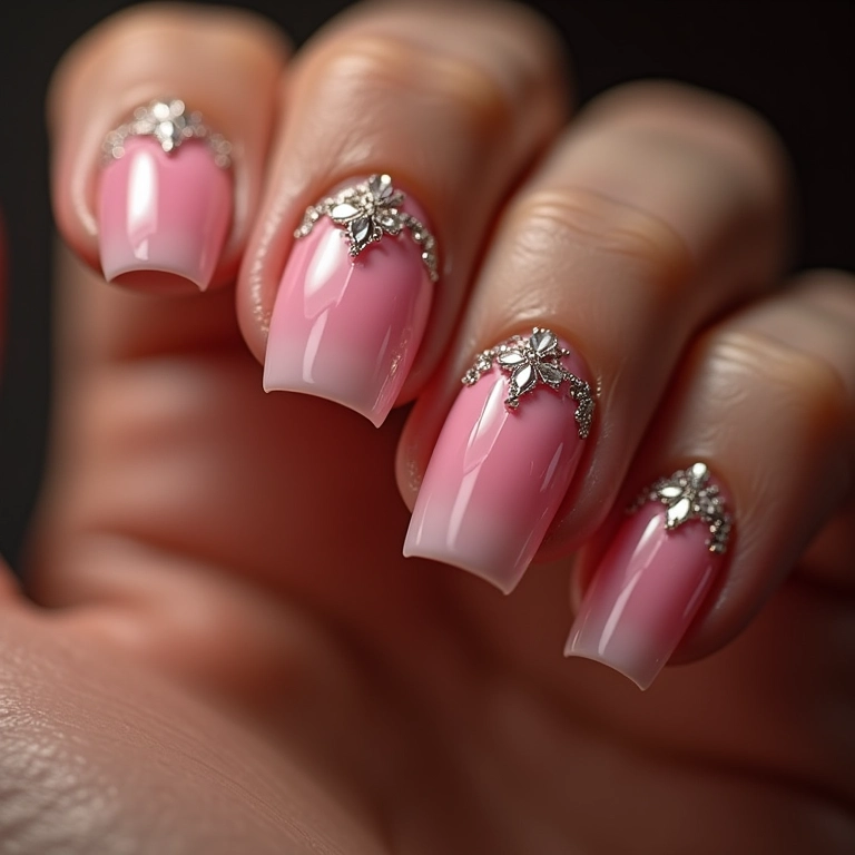 Unhas de gel com pedrarias brilhantes.