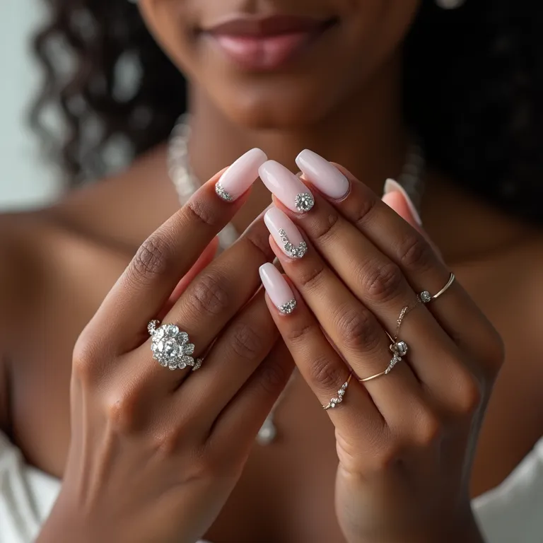 Unhas de gel com pedrarias delicadas e sofisticadas.