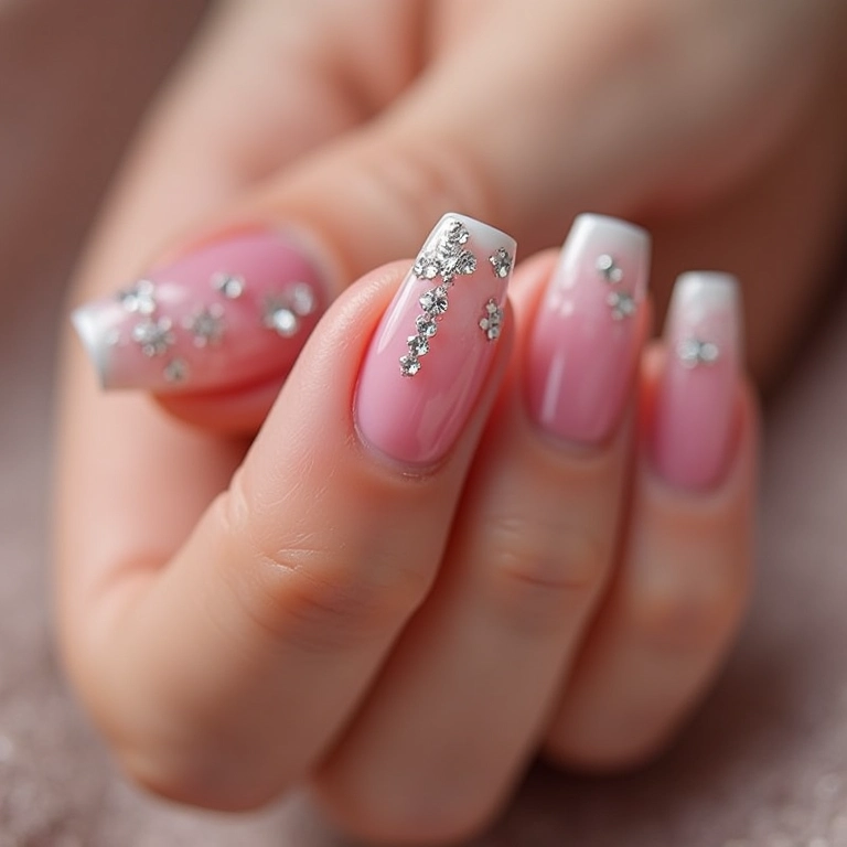 Unhas de gel com pedrarias delicadas.