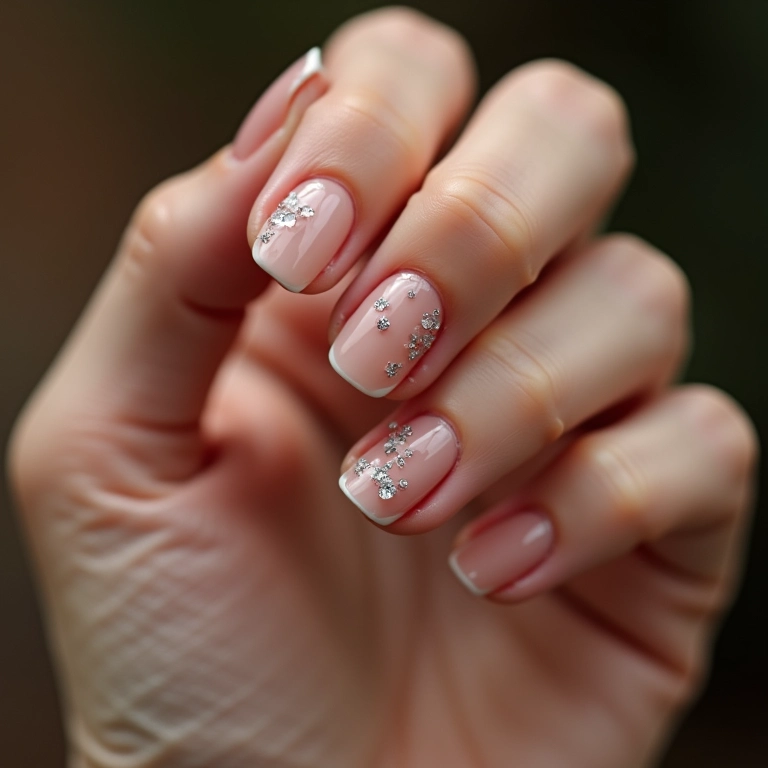 Unhas de gel com pedrarias discretas.