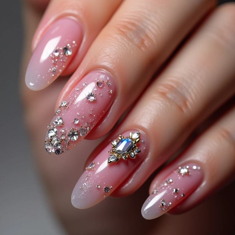 Unhas de gel com pedrarias e strass.