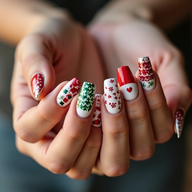 Unhas de gel com películas decorativas de Natal.