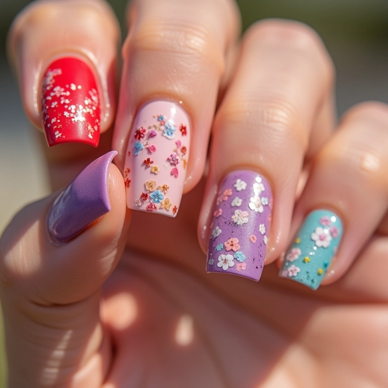 Unhas de gel com películas decorativas variadas.