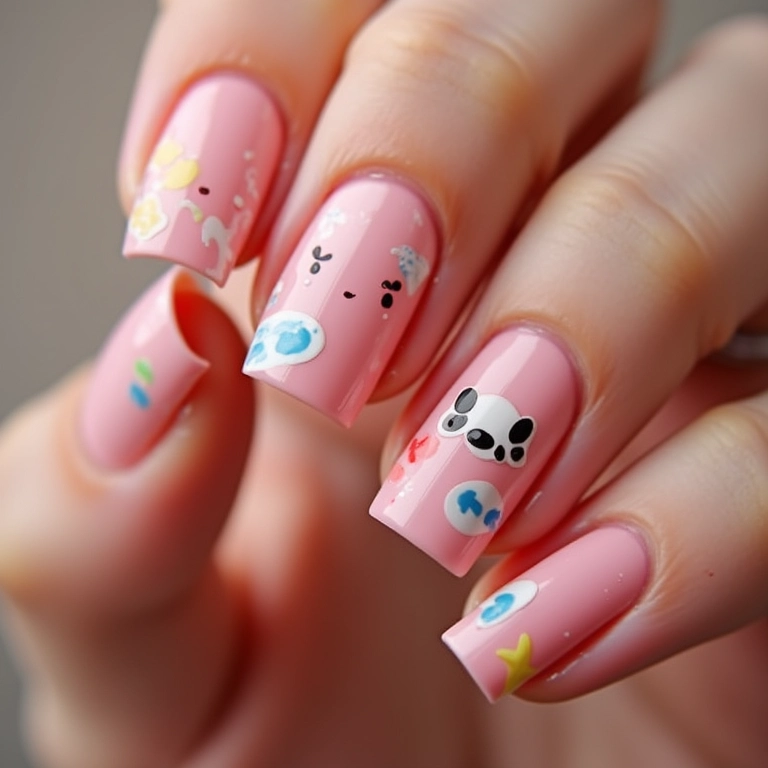 Unhas de gel com películas e adesivos.