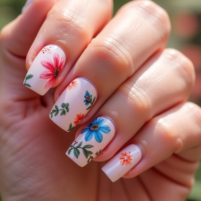 Unhas de gel com películas florais vibrantes.
