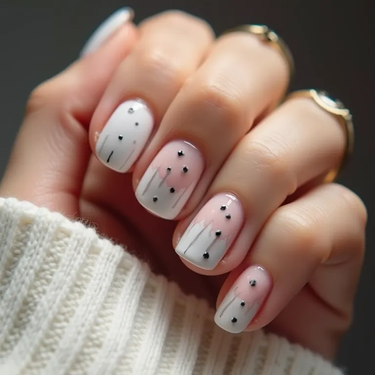 Unhas de gel com pontinhos e riscas minimalistas.