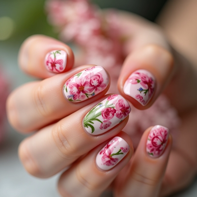 Unhas de gel com temática floral delicada.