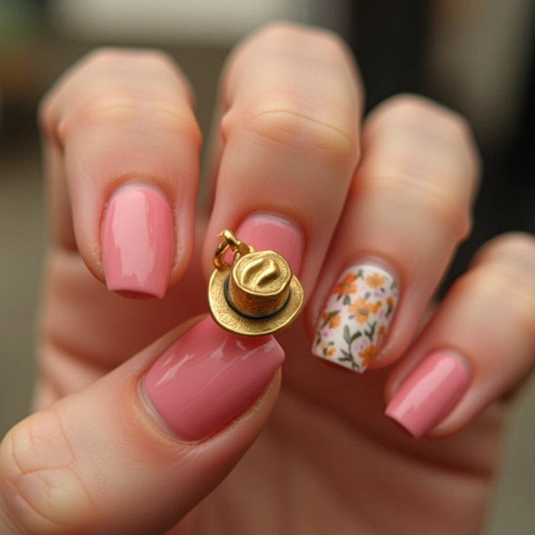 Unhas de gel com um pequeno chapéu de palha como charme.