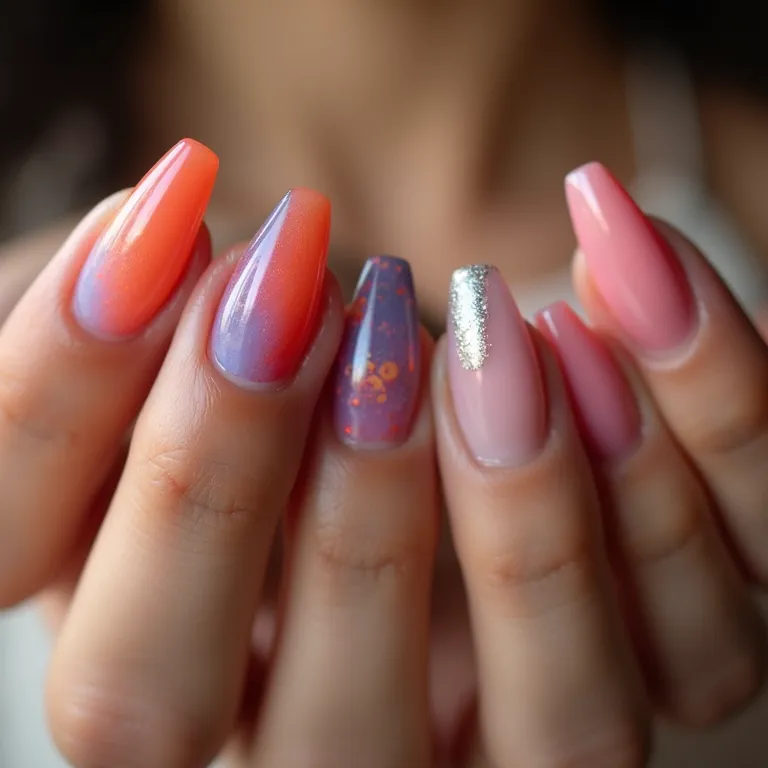 Unhas de gel curtas decoradas com designs modernos e cores vibrantes.