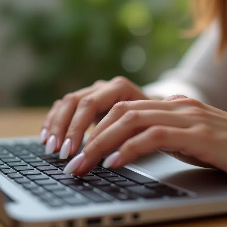 Unhas de gel curtas e resistentes enquanto digita no laptop.