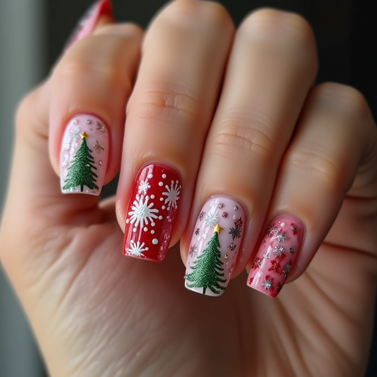 Unhas de gel de Natal com desenhos natalinos.