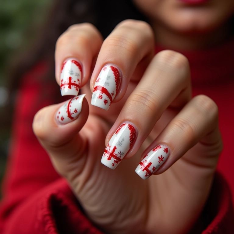 Unhas de gel de Natal com efeito candy cane.