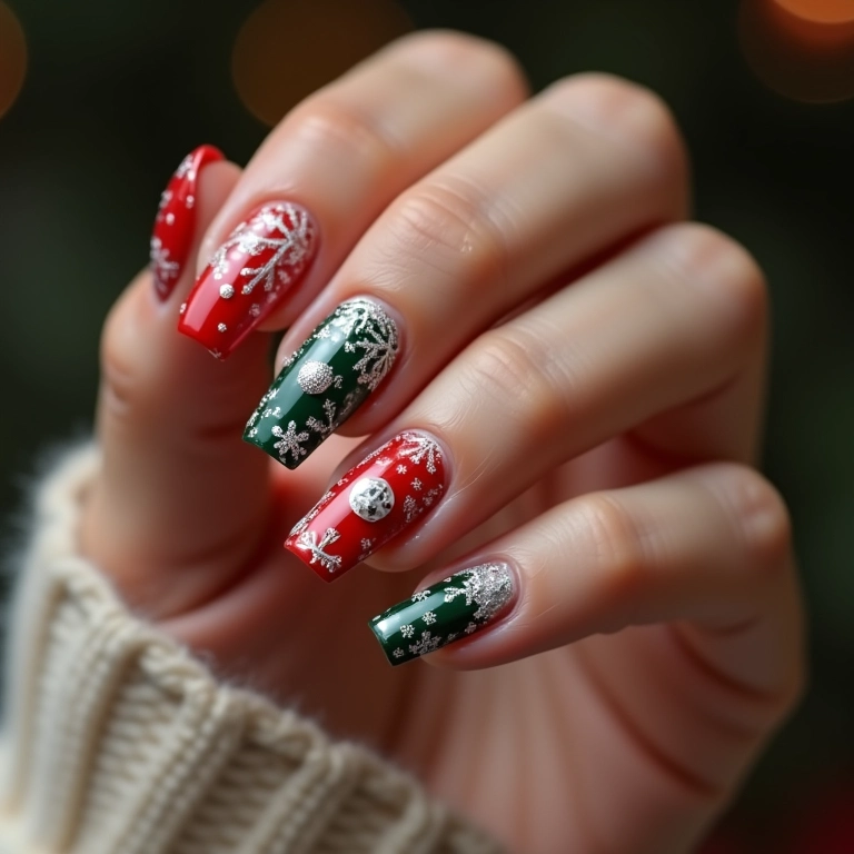 Unhas de gel de Natal com francesinha natalina.