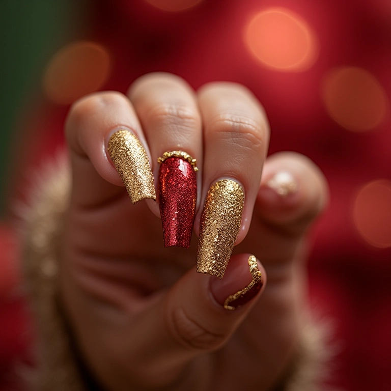 Unhas de gel de Natal com glitter dourado, close-up.