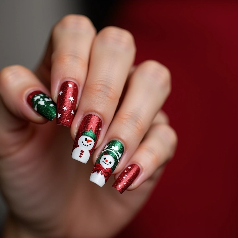 Unhas de gel de Natal com películas.