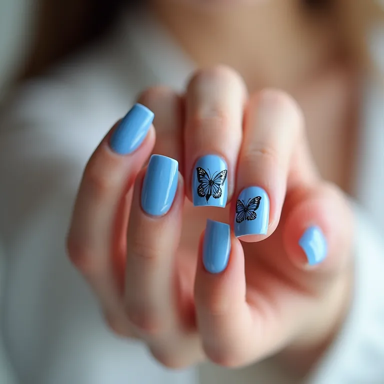 Unhas de gel decoradas com borboleta azul: toque de serenidade.