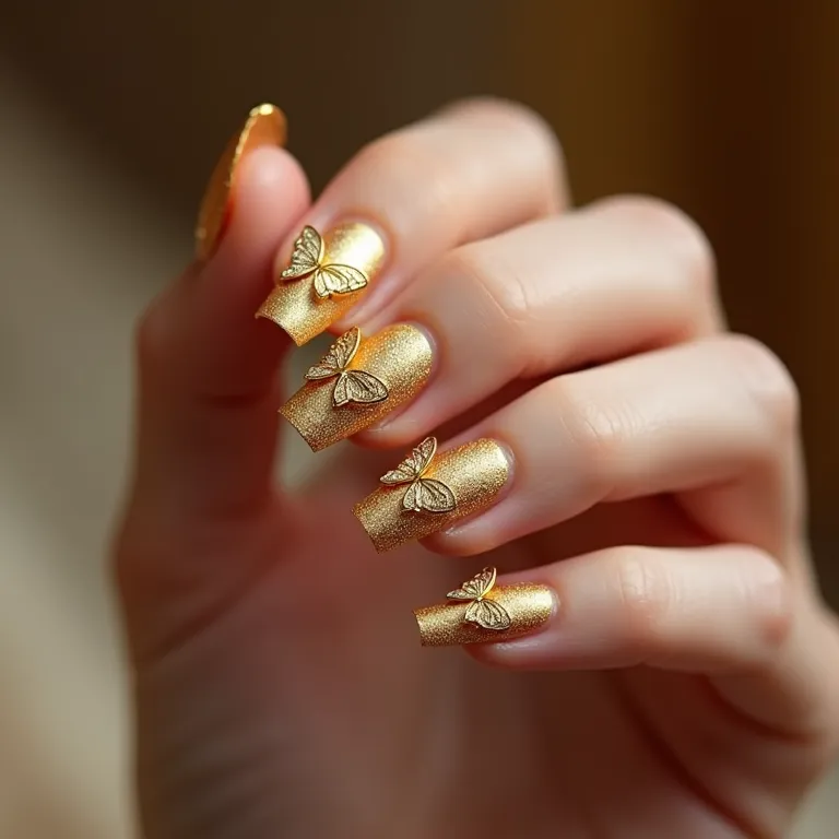 Unhas de gel decoradas com borboleta dourada: glamour e elegância.
