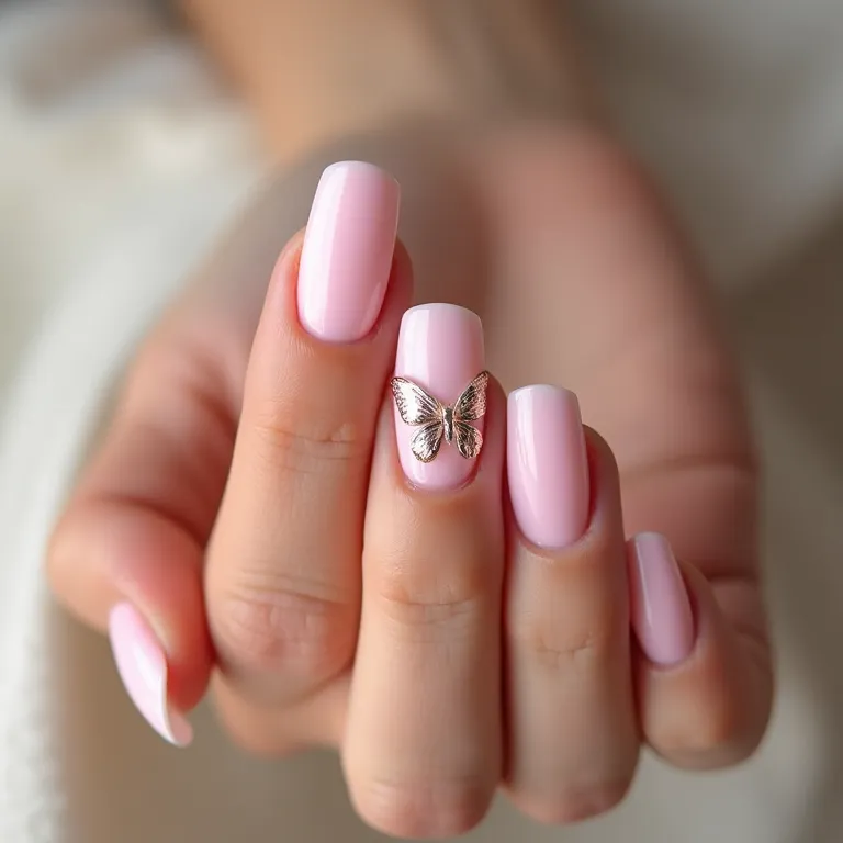 Unhas de gel decoradas com borboleta rosa: delicadeza em dose dupla.