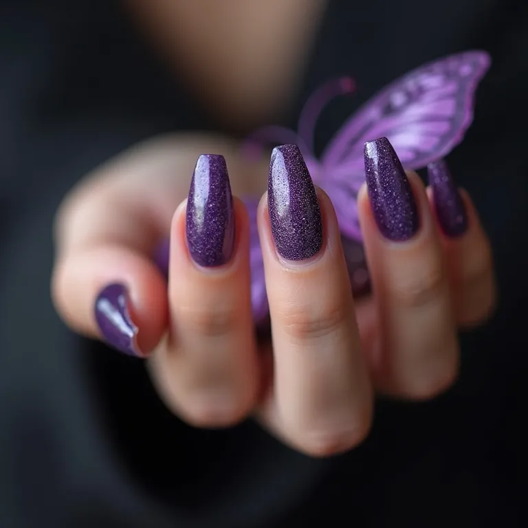Unhas de gel decoradas com borboleta roxa: mistério e sofisticação.