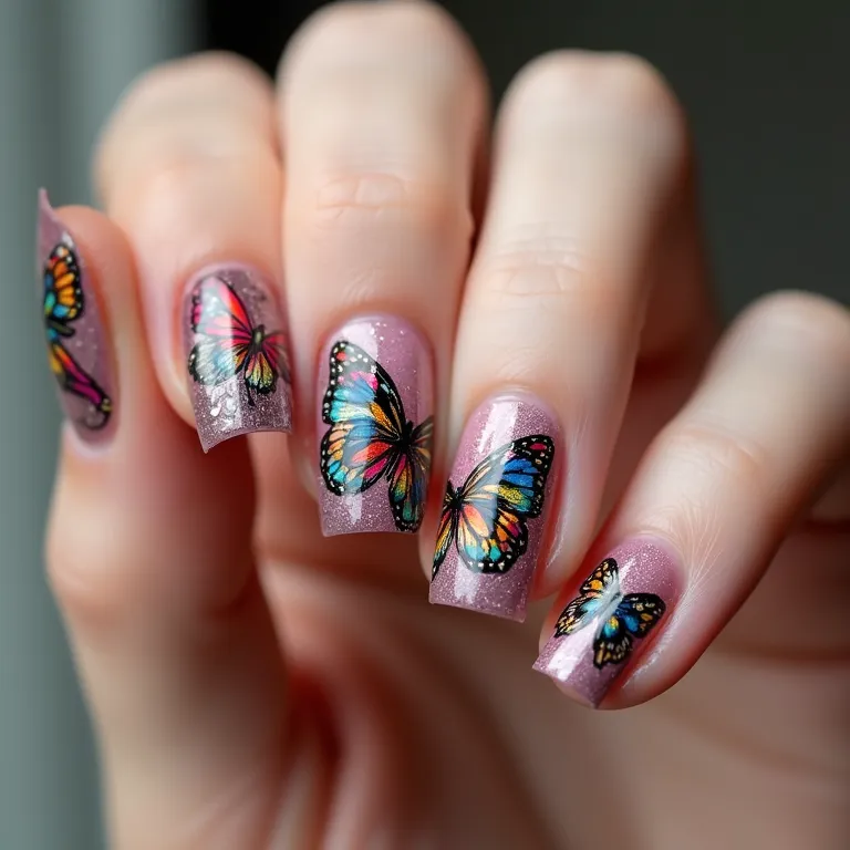 Unhas de gel decoradas com borboletas coloridas e vibrantes.