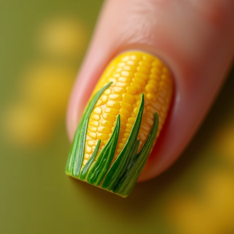 Unhas de gel decoradas com desenhos de espigas de milho.
