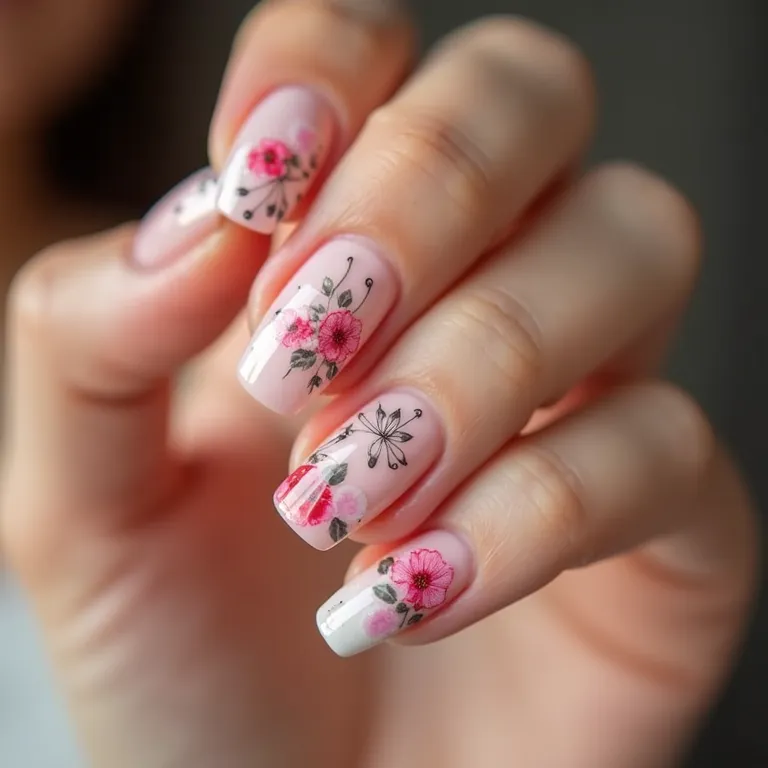 Unhas de gel decoradas com flores delicadas, estilo brasileiro.