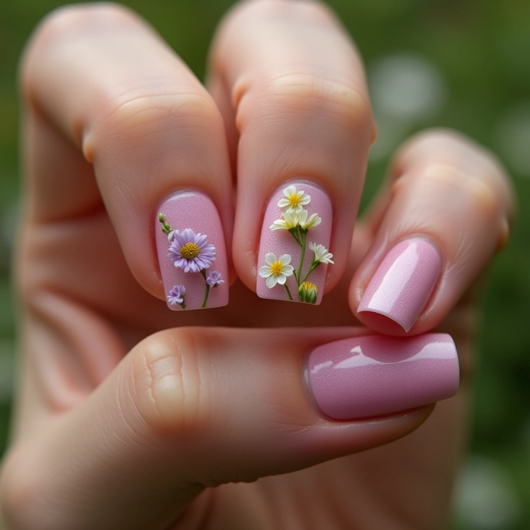 Unhas de gel decoradas com flores do campo coloridas.