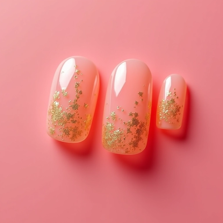 Unhas de gel decoradas com glitter dourado.
