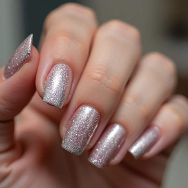 Unhas de gel decoradas com glitter prata brilhante.