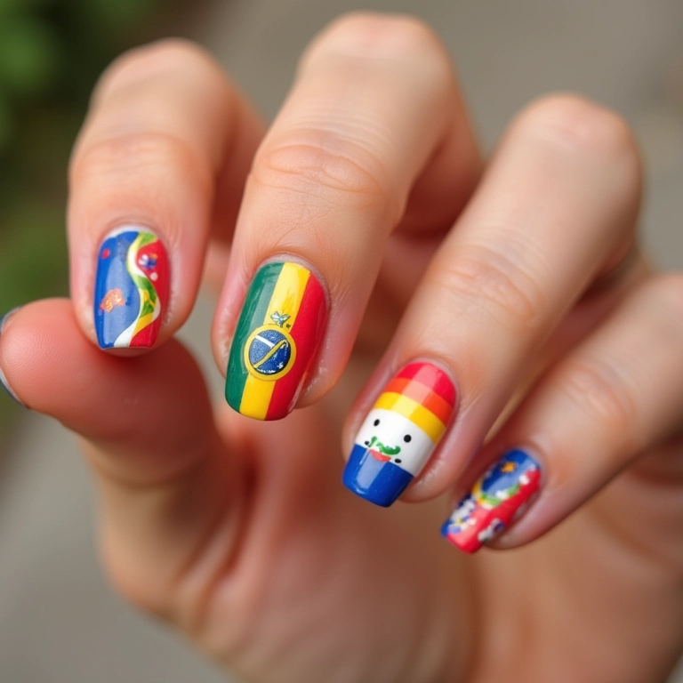 Unhas de gel decoradas com pequenas bandeirinhas coloridas de festa junina.