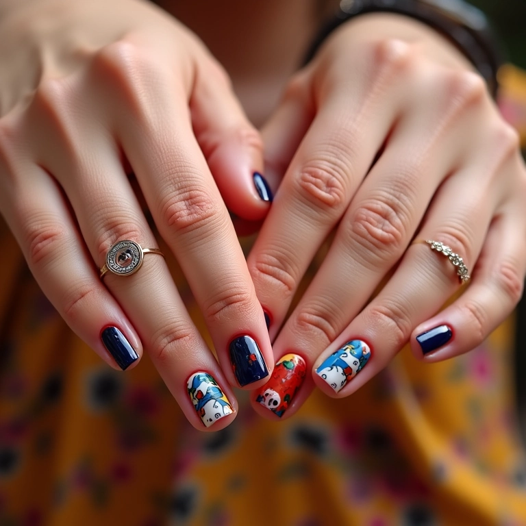 Unhas de gel decoradas com tema de São João em mãos femininas.