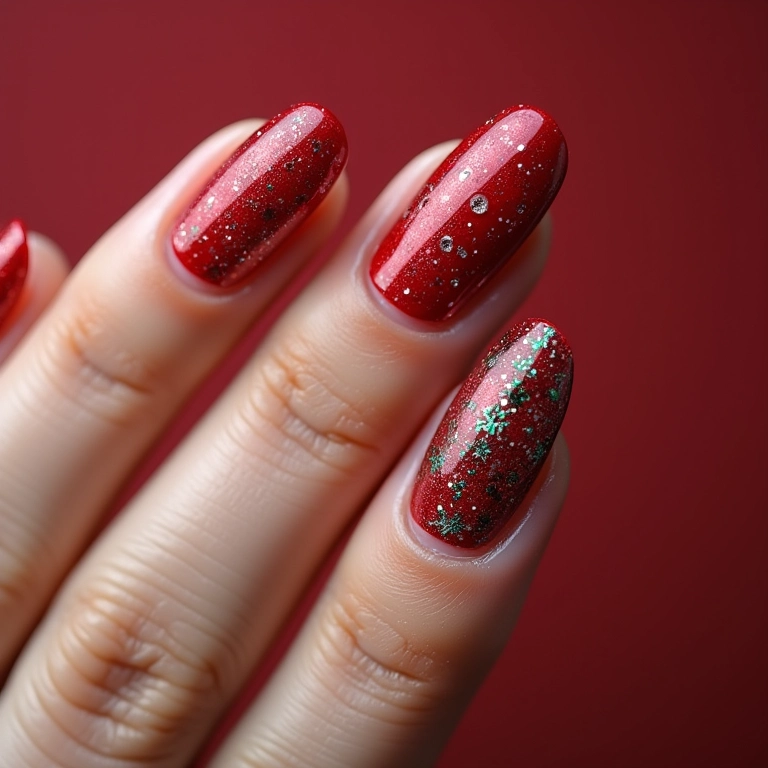 Unhas de gel decoradas para o Natal com designs festivos e alegres.