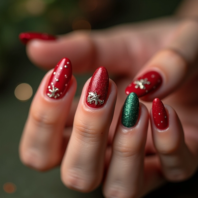Unhas de gel decoradas para o Natal com diversos designs e cores.