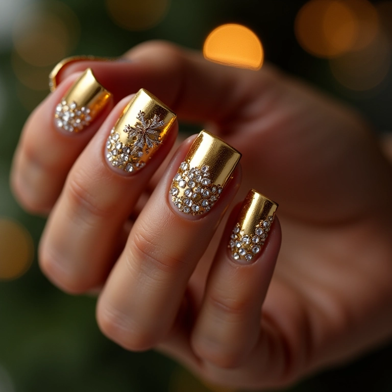 Unhas de gel douradas com pedrarias para o Natal.