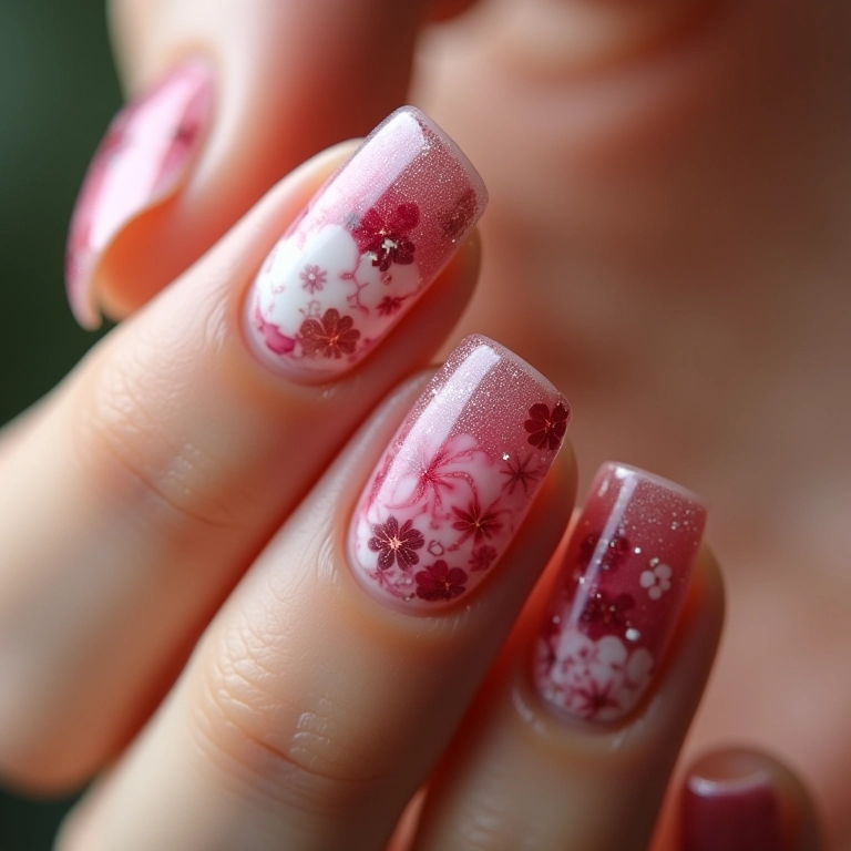 Unhas de gel francesinha decoradas com flores.