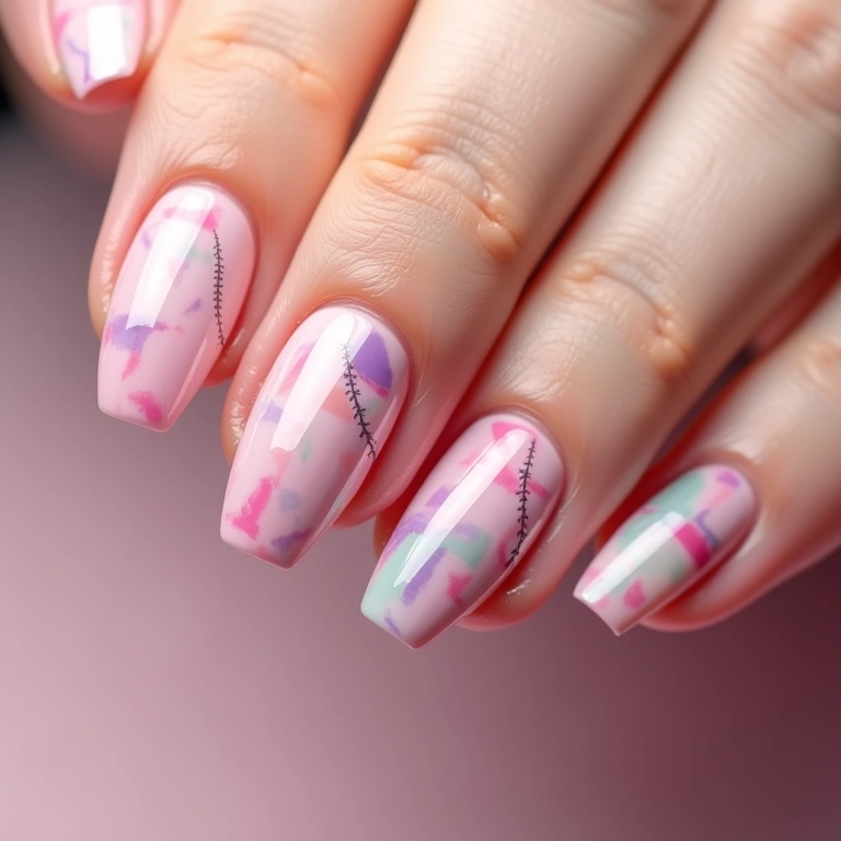 Unhas de gel geométricas em tons pastel.