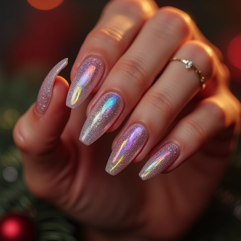 Unhas de gel holográficas com efeito furta-cor para o Natal.