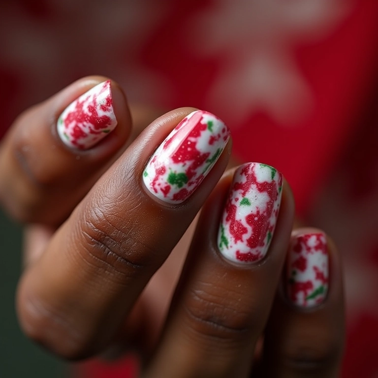 Unhas de gel marmorizadas com cores natalinas.